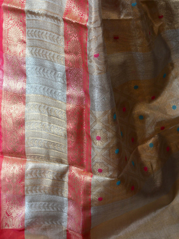 Banarasee Handwoven Broad Border Tissue Saree-Silver