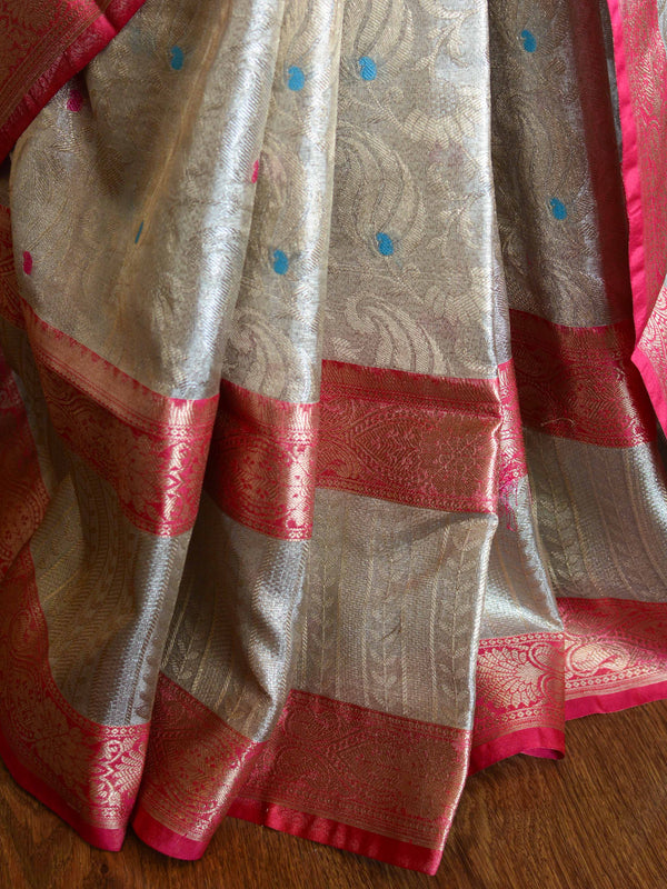 Banarasee Handwoven Broad Border Tissue Saree-Silver