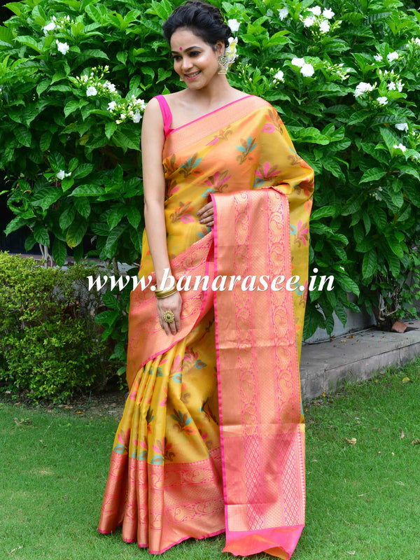 Banarasee Handwoven Border Tissue Saree With Floral Buta Design-Yellow & Pink