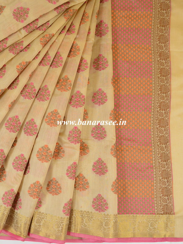 Banarasee Cotton Silk Mix Saree With Multicolor Resham Buta & Zari Border-Beige