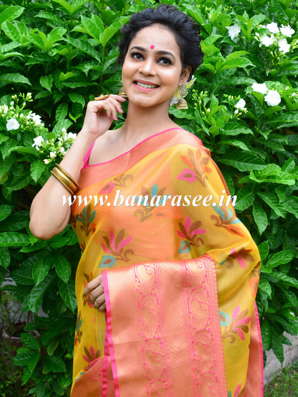 Banarasee Handwoven Border Tissue Saree With Floral Buta Design-Yellow & Pink