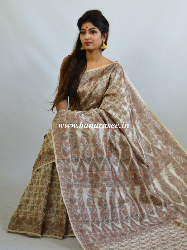 Banarasee Art Silk Saree With Floral Woven Design-Beige