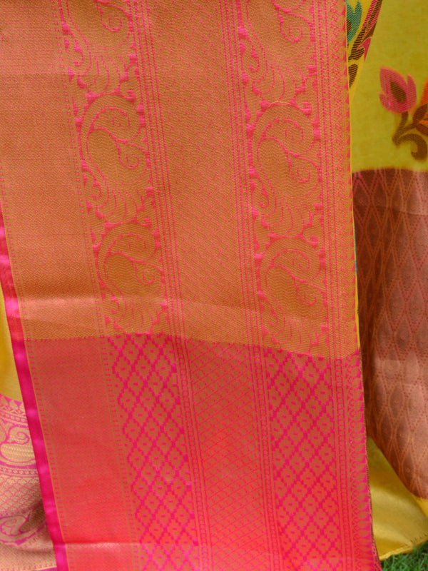 Banarasee Handwoven Border Tissue Saree With Floral Buta Design-Yellow & Pink