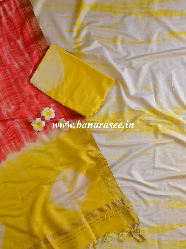 Bhagalpuri Salwar Kameez Glossy Cotton Silk Shibori Dye Fabric-Yellow & Pink