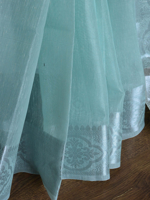 Banarasee Handloom Linen Mix Silver Zari Border Saree-Green