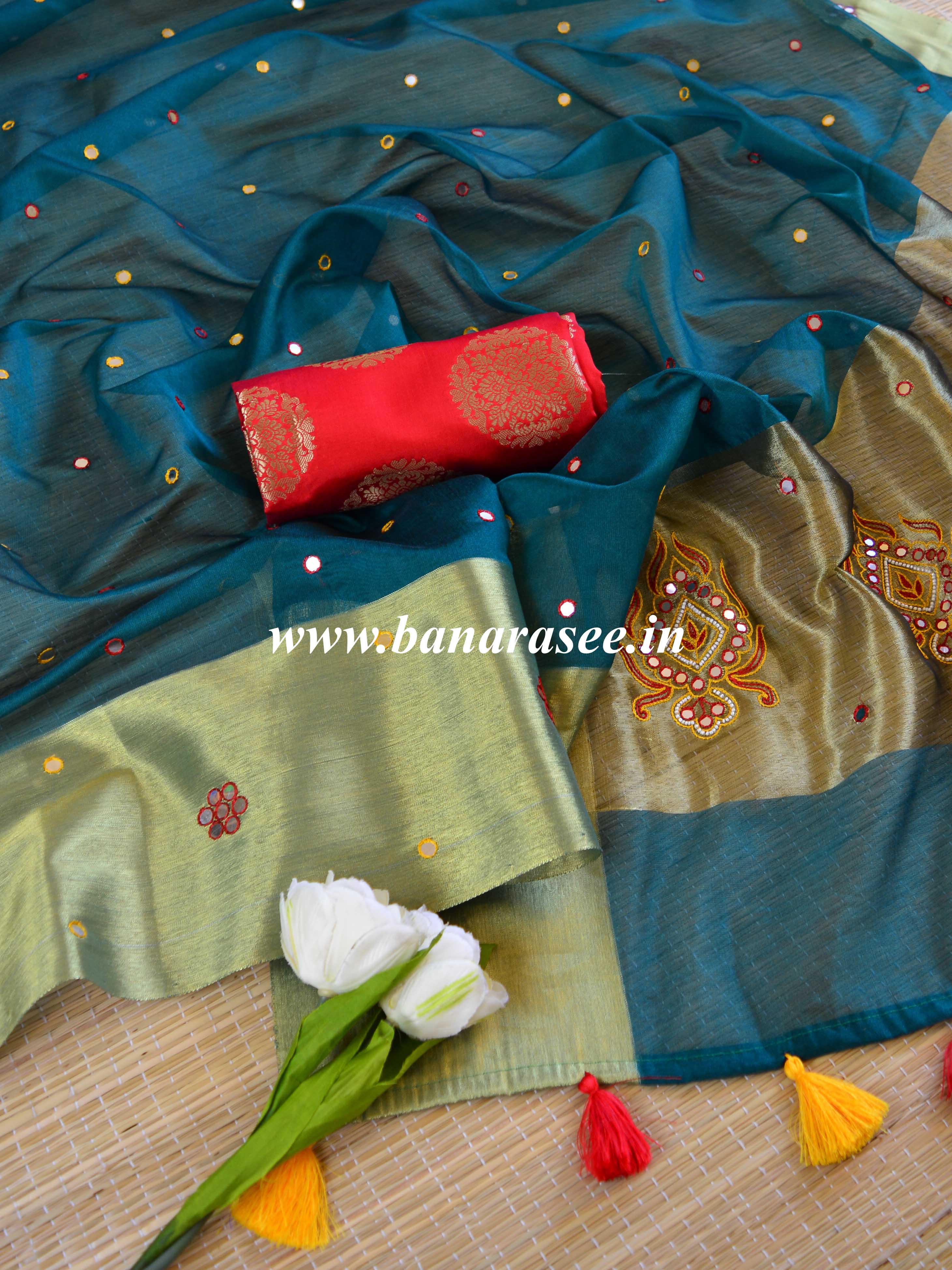 Banarasee Chanderi Cotton Saree With Embroidery Work & Zari Border-Green