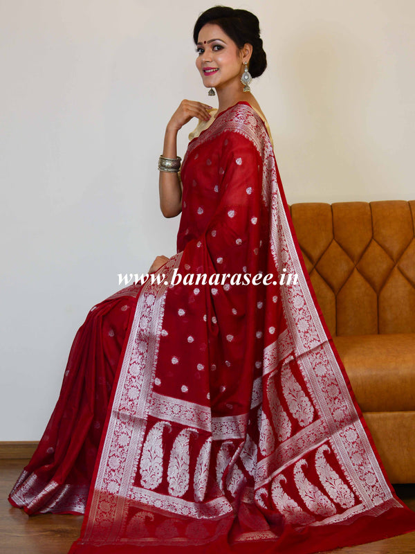 Banarasee Handwoven Semi-Chiffon Saree With Silver Zari-Deep Red