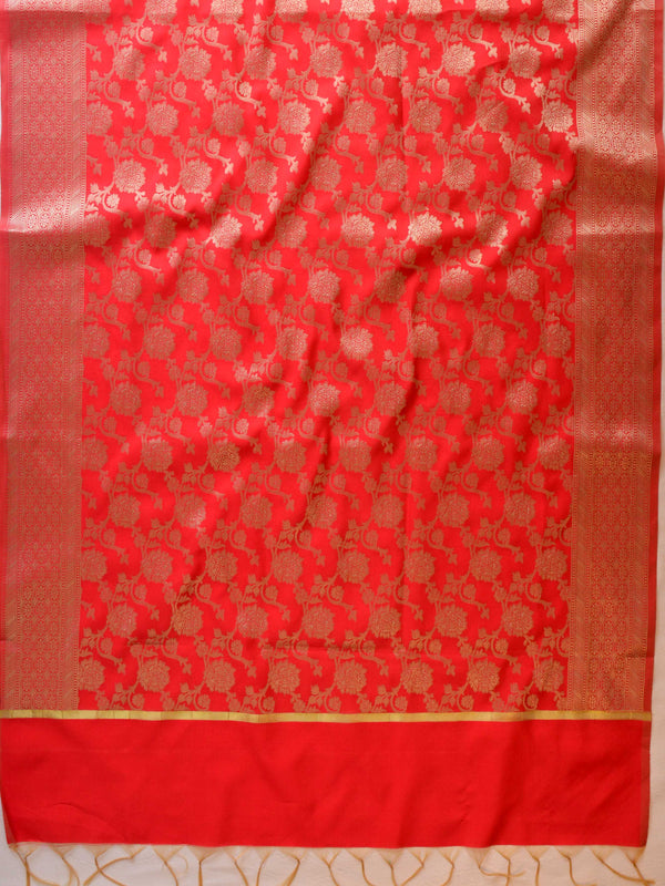 Banarasee Art Silk Buti Design Salwar Kameez Fabric With Contrast Dupatta-Green & Red