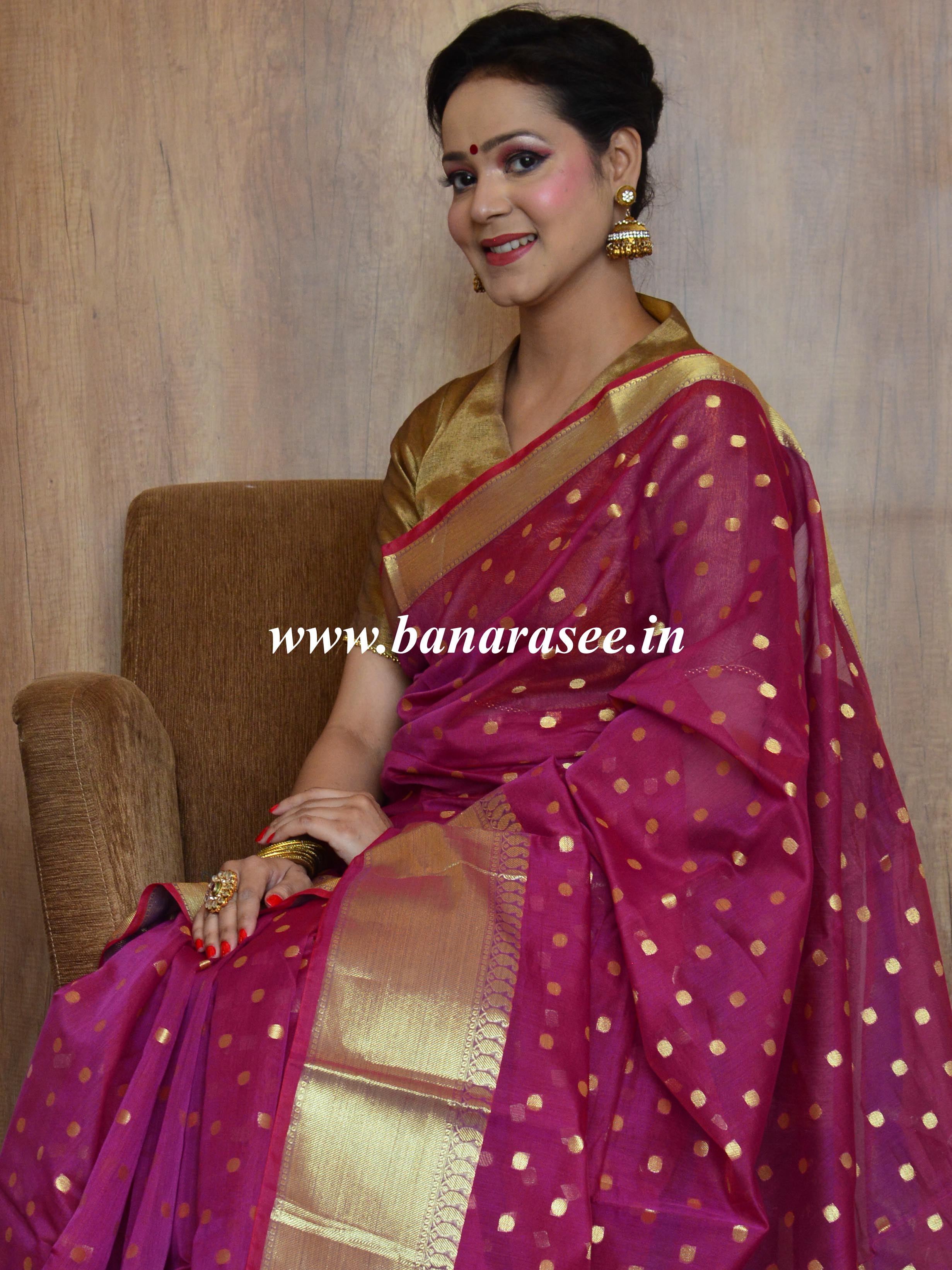 Banarasee Chanderi Cotton Zari Polka Dots With Skirt Border-Magenta