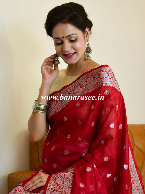 Banarasee Handwoven Semi-Chiffon Saree With Silver Zari-Deep Red