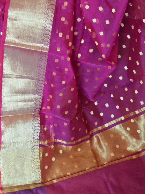 Banarasee Chanderi Cotton Zari Polka Dots With Skirt Border-Magenta