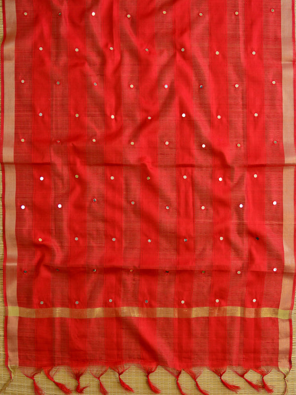 Banarasee Semi-Silk Salwar Kameez Fabric With Mirror Work Dupatta-Red & Green