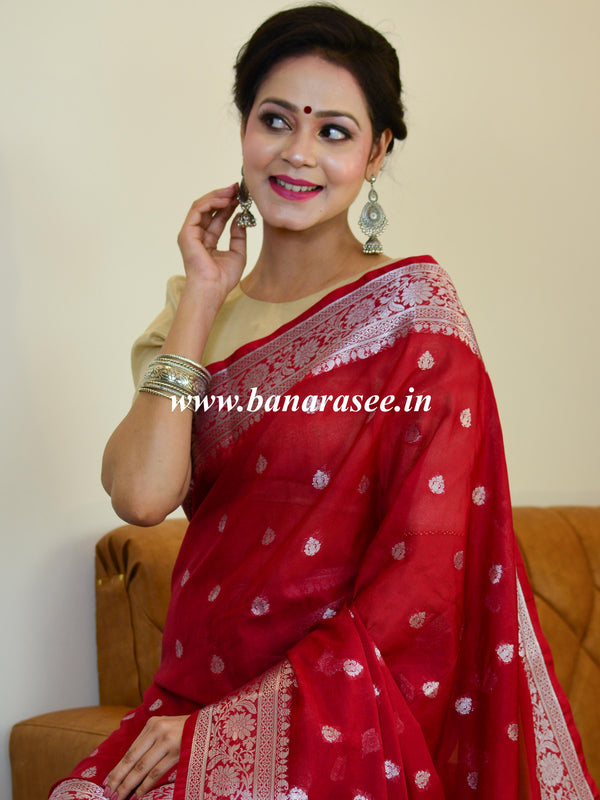 Banarasee Handwoven Semi-Chiffon Saree With Silver Zari-Deep Red