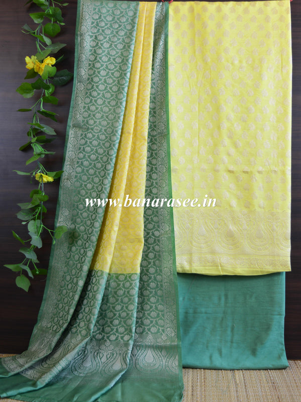 Banarasee Cotton Silk Salwar Kameez Resham & Zari Buti Fabric & Dupatta-Green  & Yellow