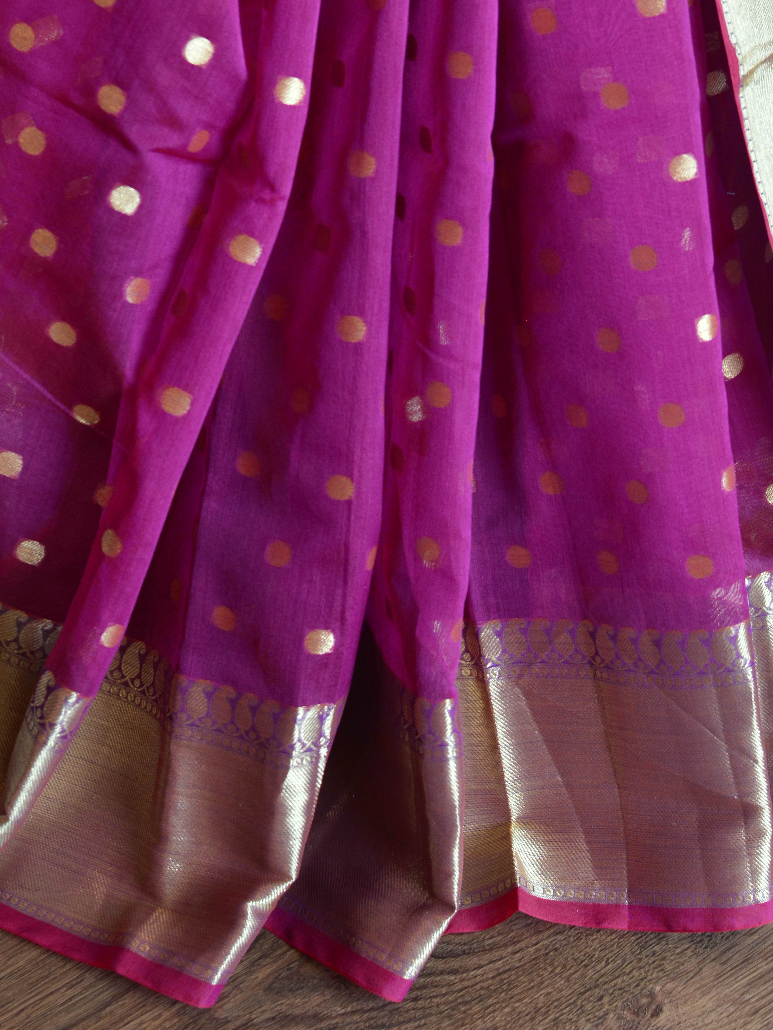 Banarasee Chanderi Cotton Zari Polka Dots With Skirt Border-Magenta