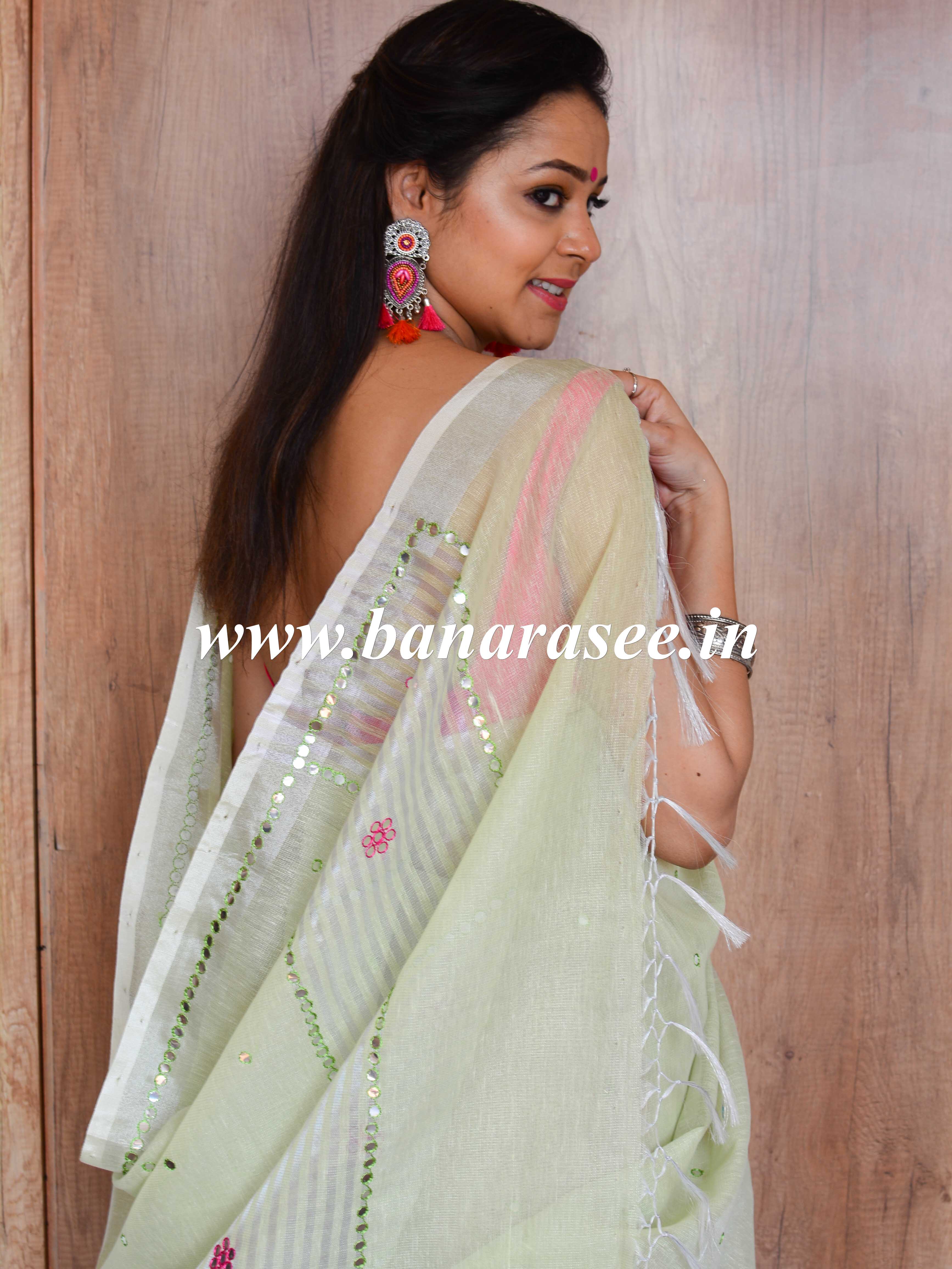 Banarasee Silk Cotton Mix Saree With Mirror Work-Mint Green