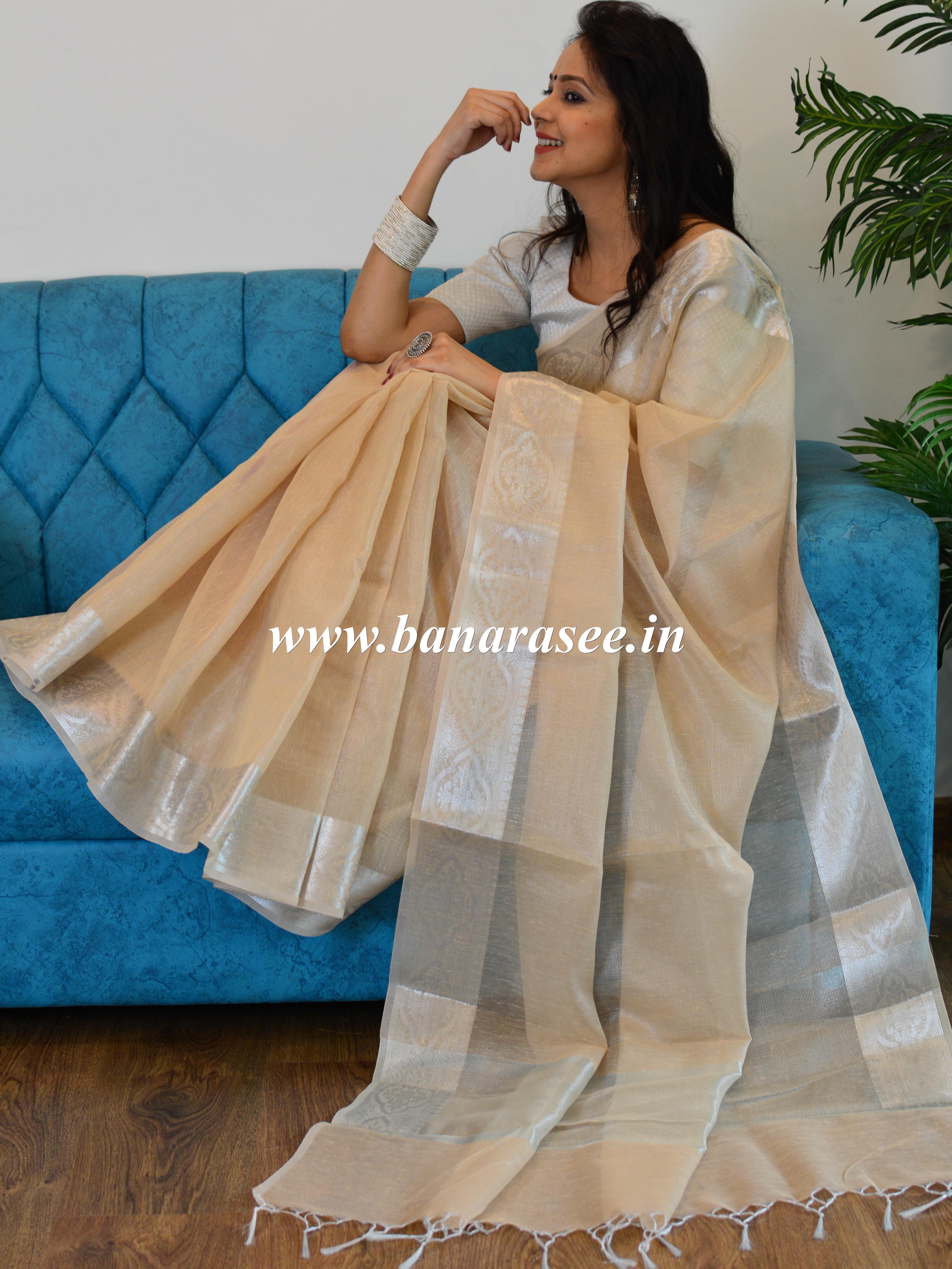 Banarasee Handloom Linen Mix Silver Zari Border Saree-Light Brown