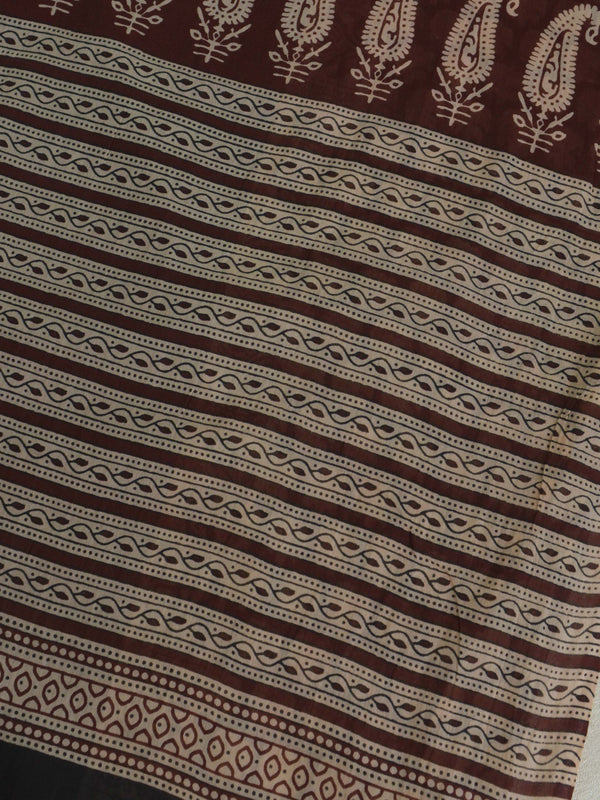 Handloom Mul Cotton Block Print Saree-Brown