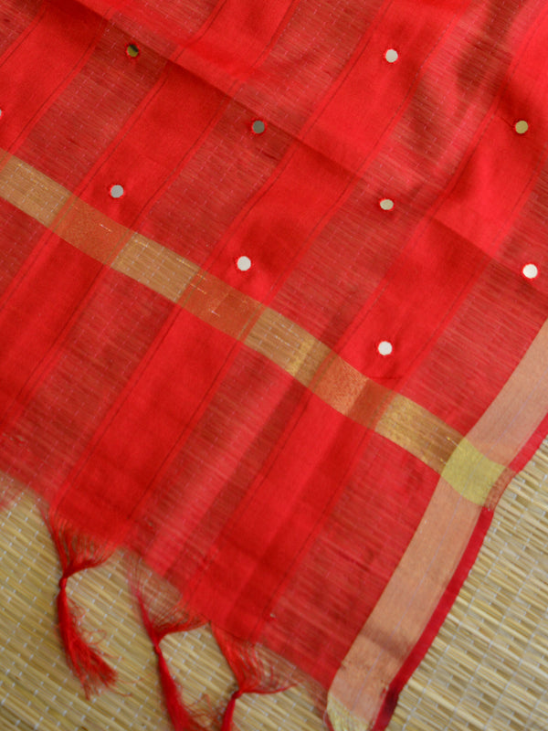 Banarasee Semi-Silk Salwar Kameez Fabric With Mirror Work Dupatta-Red & Green