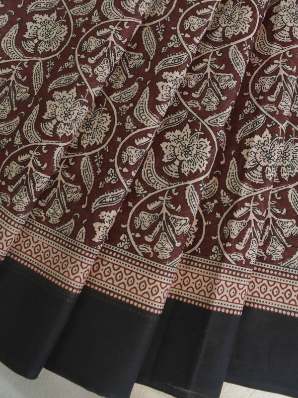 Handloom Mul Cotton Block Print Saree-Brown