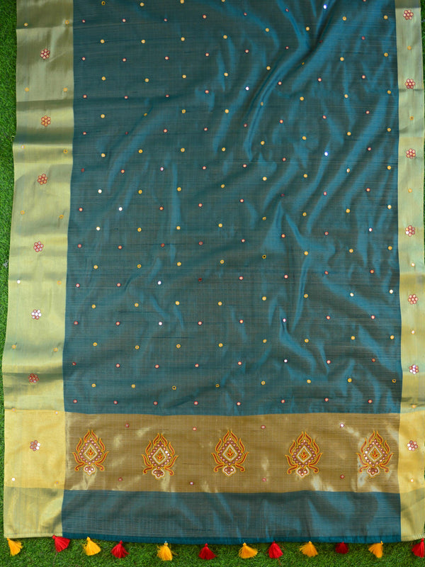 Banarasee Chanderi Cotton Saree With Embroidery Work & Zari Border-Green