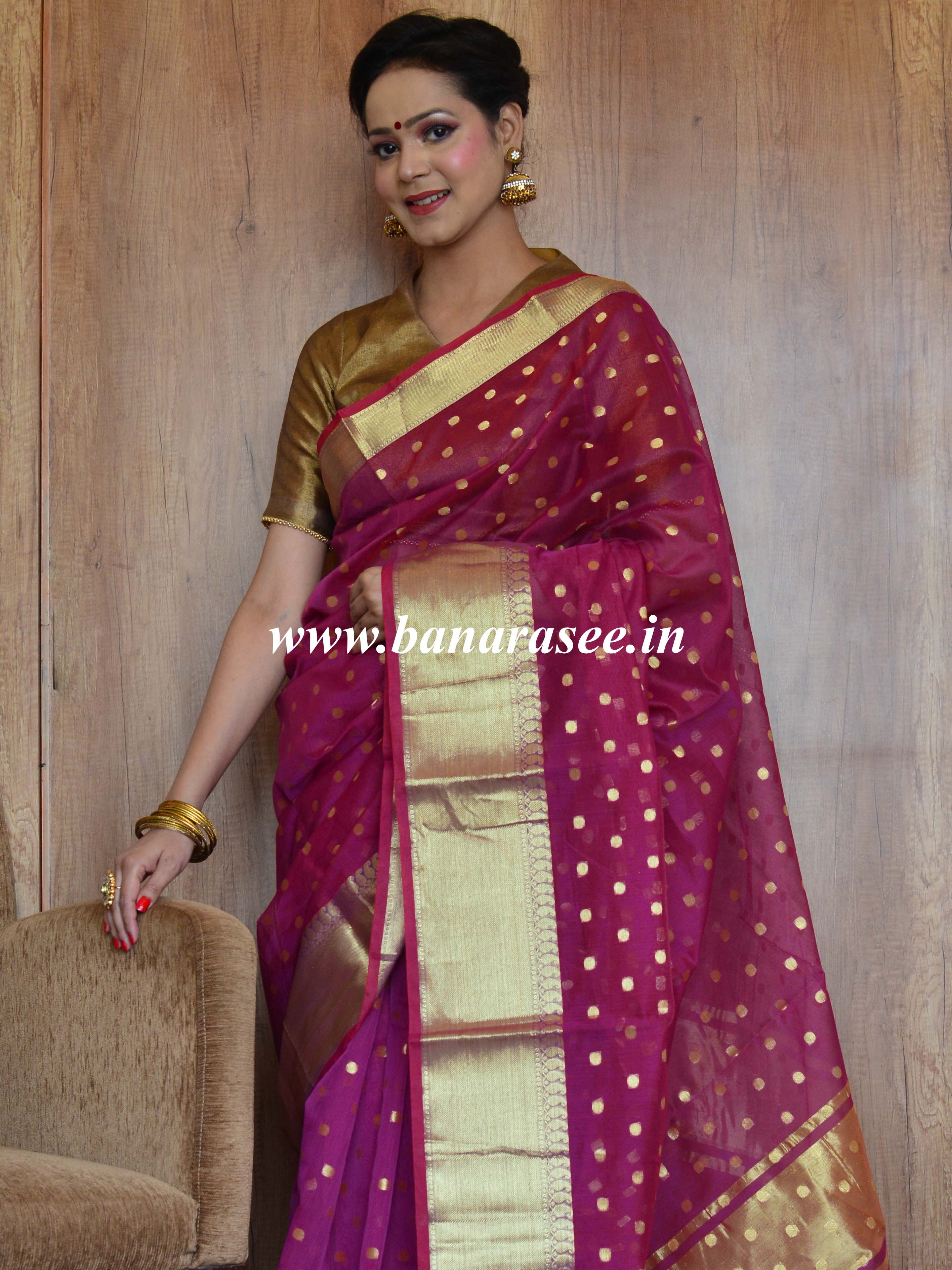 Banarasee Chanderi Cotton Zari Polka Dots With Skirt Border-Magenta