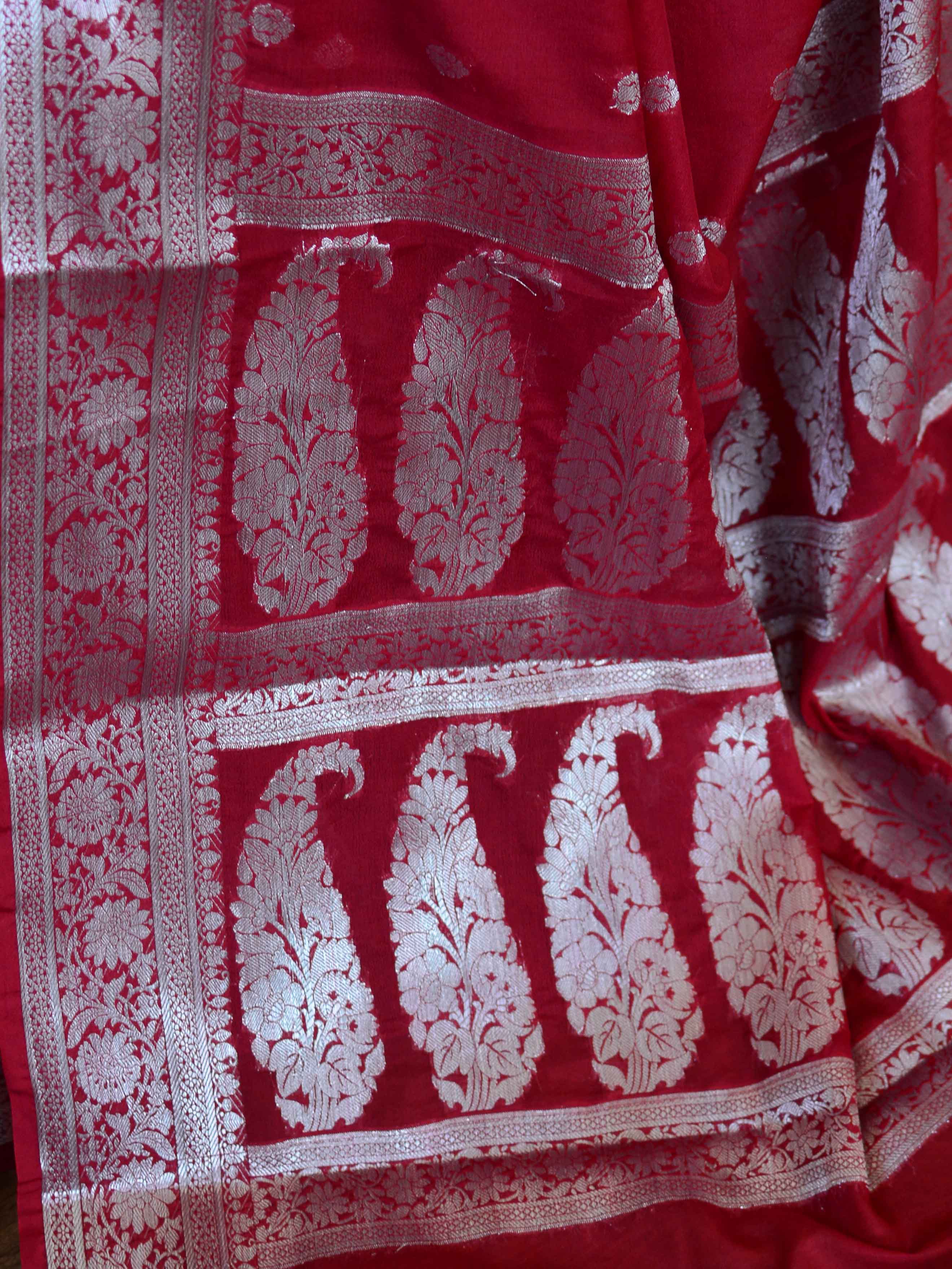 Banarasee Handwoven Semi-Chiffon Saree With Silver Zari-Deep Red