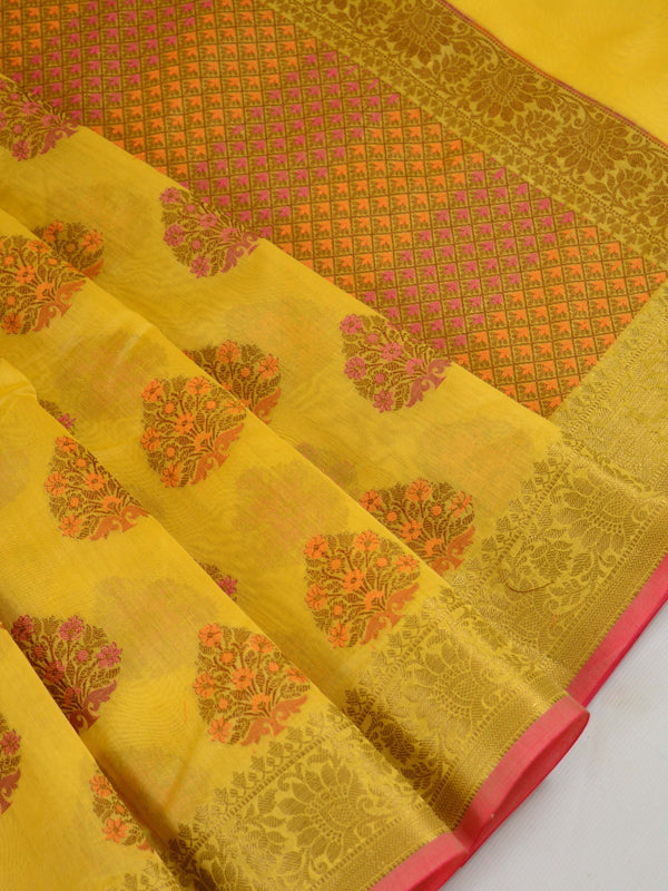 Banarasee Cotton Silk Mix Saree With Multicolor Resham Buta & Zari Border-Yellow