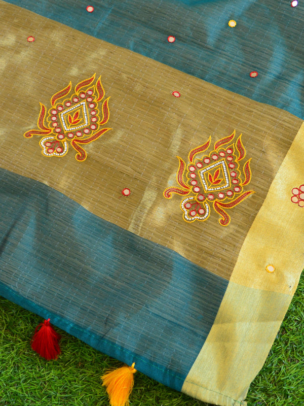 Banarasee Chanderi Cotton Saree With Embroidery Work & Zari Border-Green