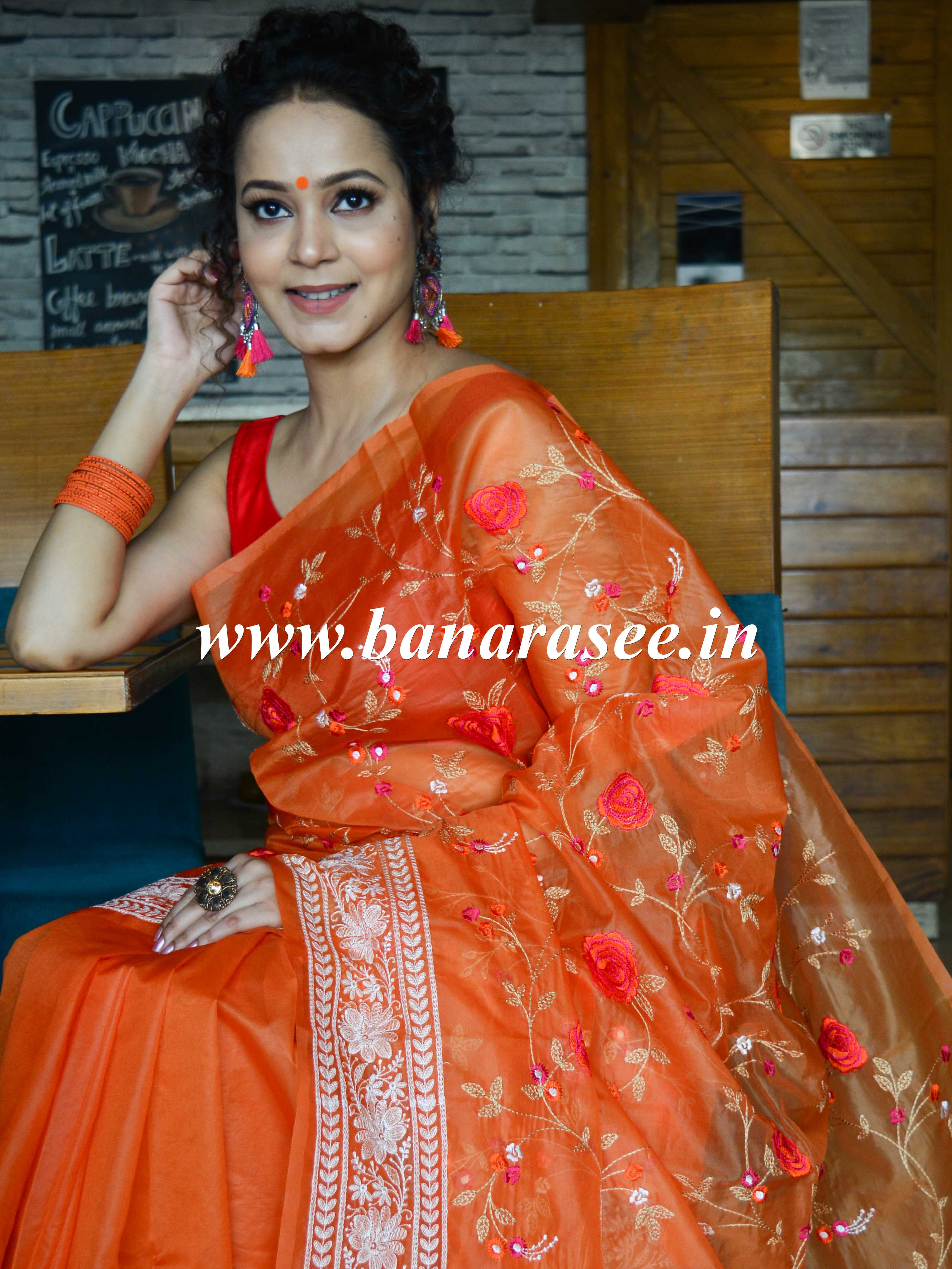 Banarasee Handwoven Organza Silk Multicolour Resham Floral Embroidery Saree-Orange