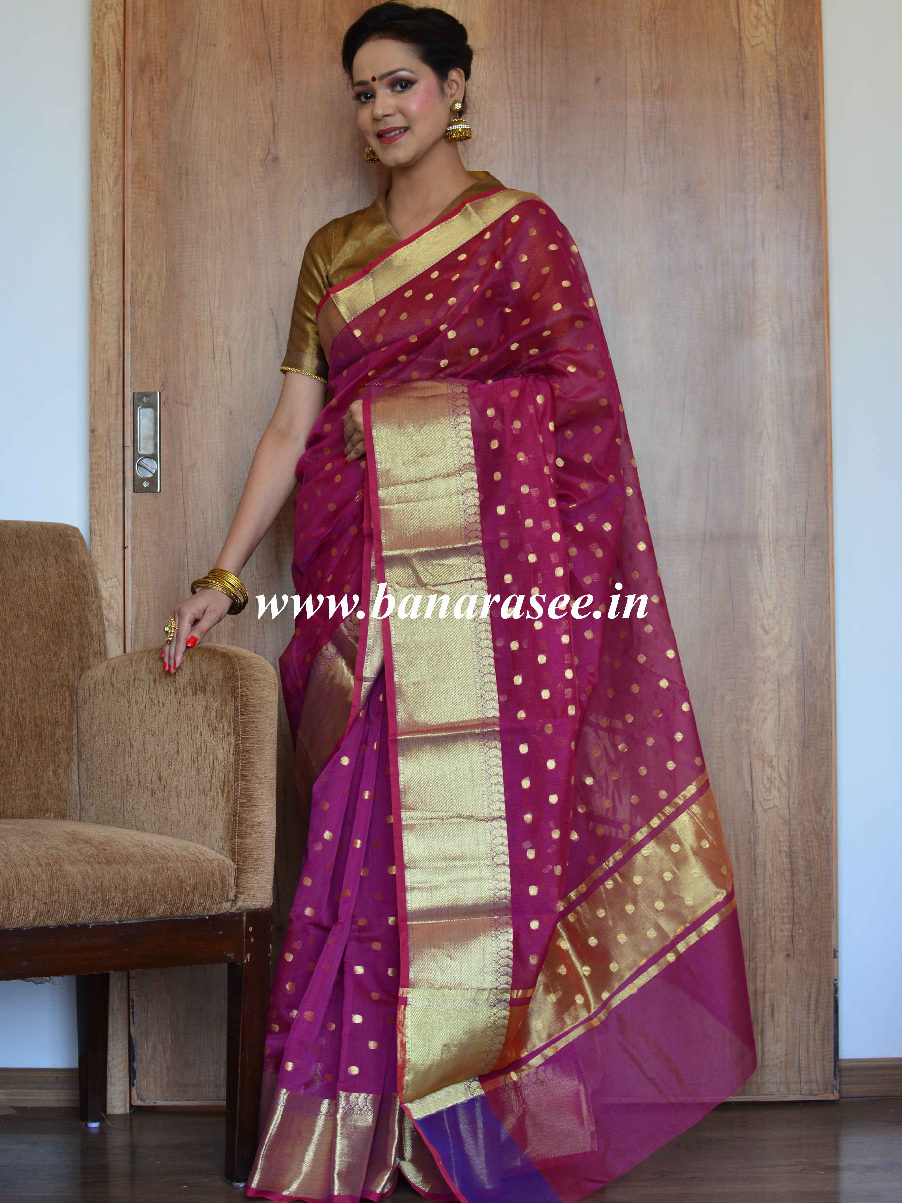 Banarasee Chanderi Cotton Zari Polka Dots With Skirt Border-Magenta