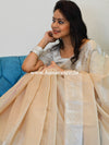 Banarasee Handloom Linen Mix Silver Zari Border Saree-Light Brown