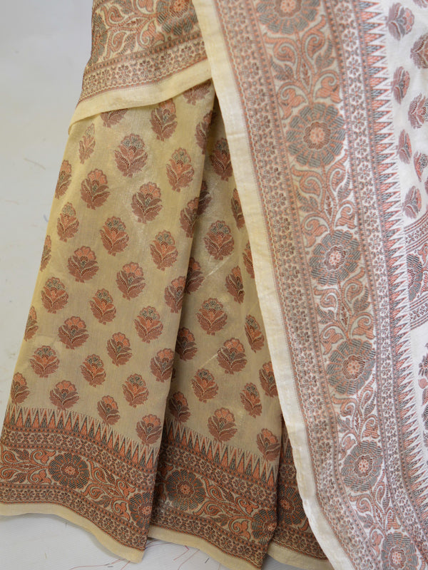 Banarasee Art Silk Saree With Floral Woven Design-Beige