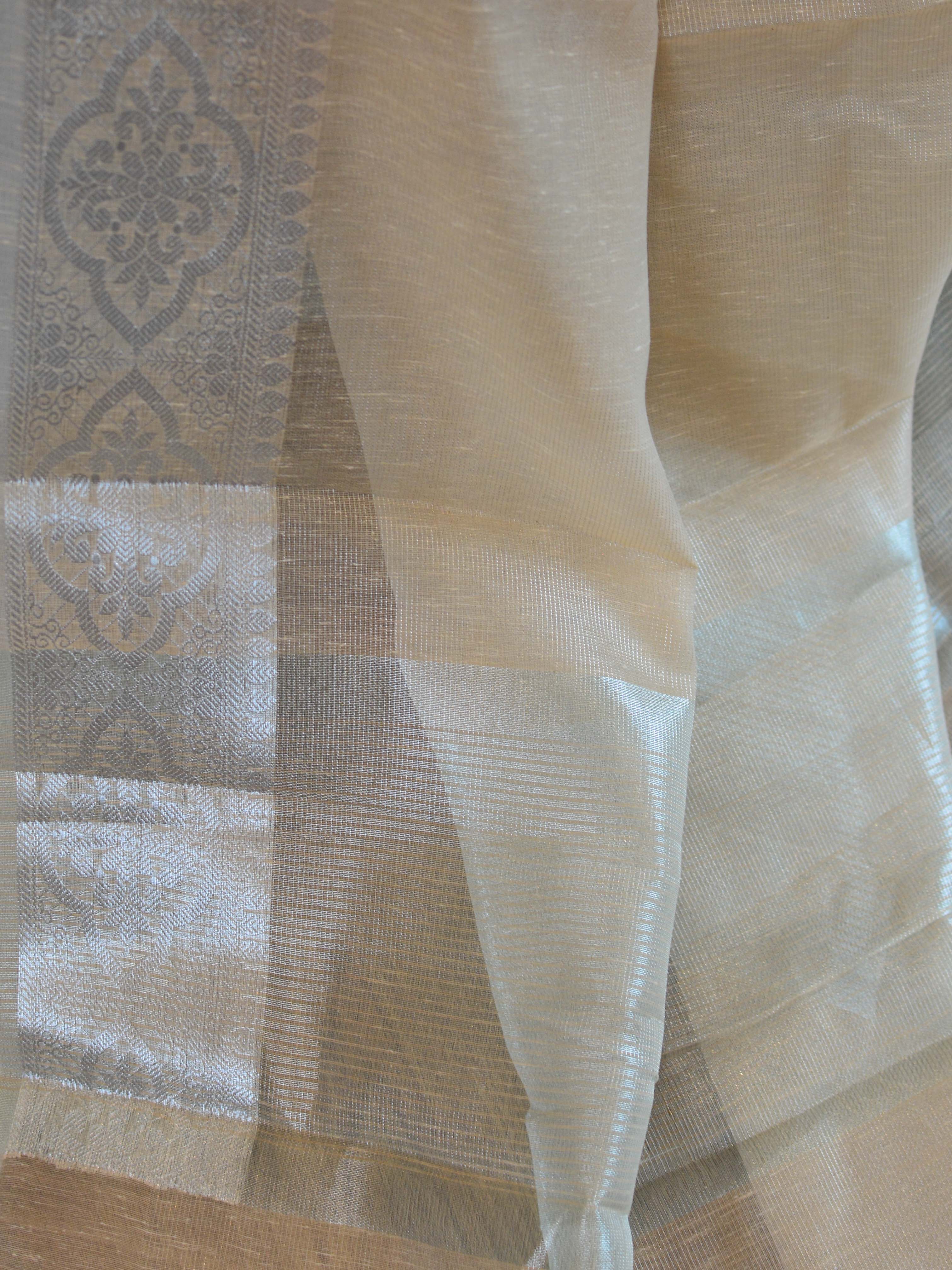Banarasee Handloom Linen Mix Silver Zari Border Saree-Light Brown