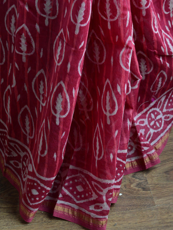 Handloom Chanderi Bagru Block Printed Saree-Red