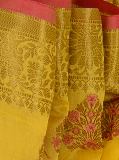 Banarasee Cotton Silk Mix Saree With Multicolor Resham Buta & Zari Border-Yellow