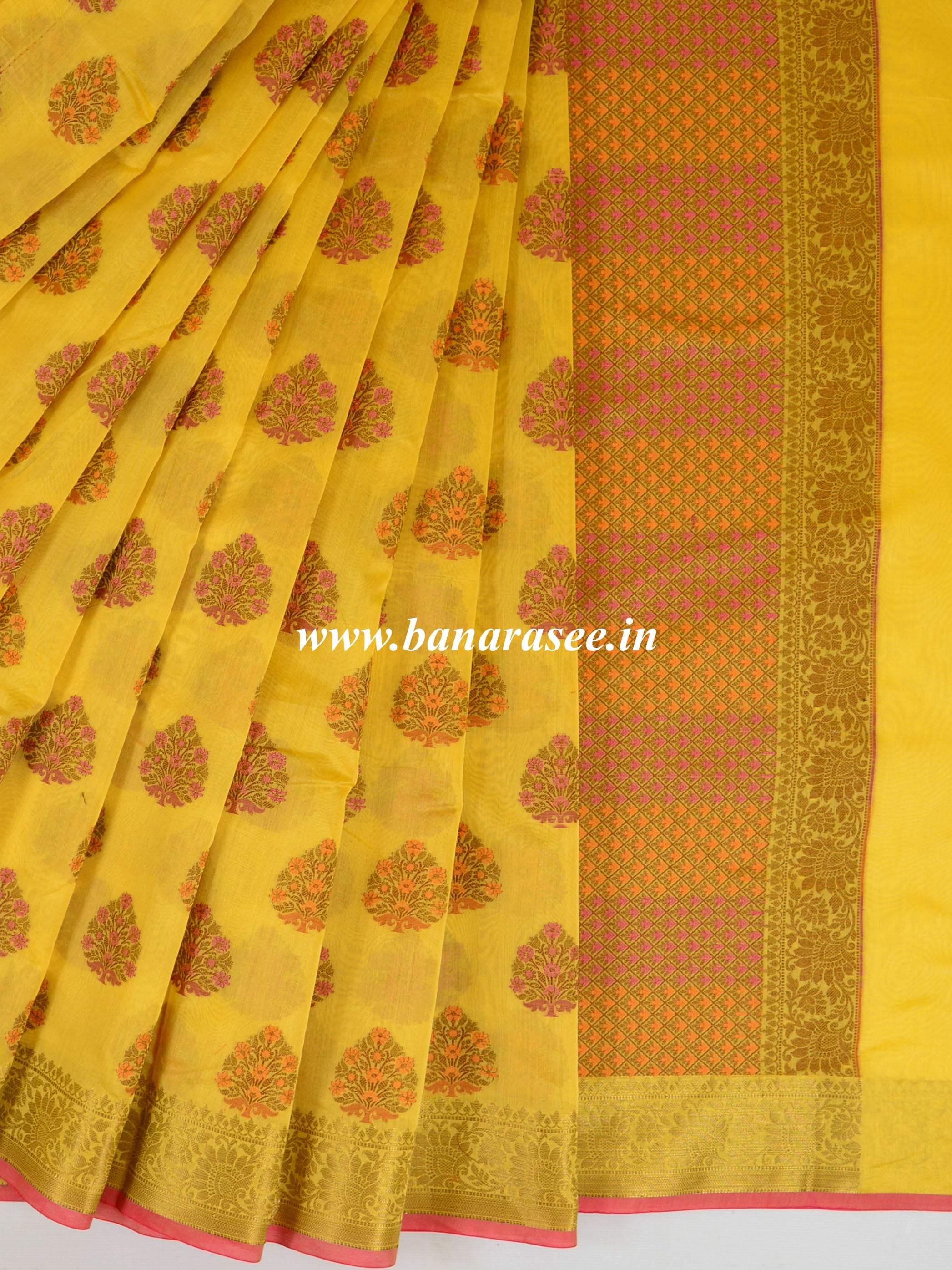 Banarasee Cotton Silk Mix Saree With Multicolor Resham Buta & Zari Border-Yellow