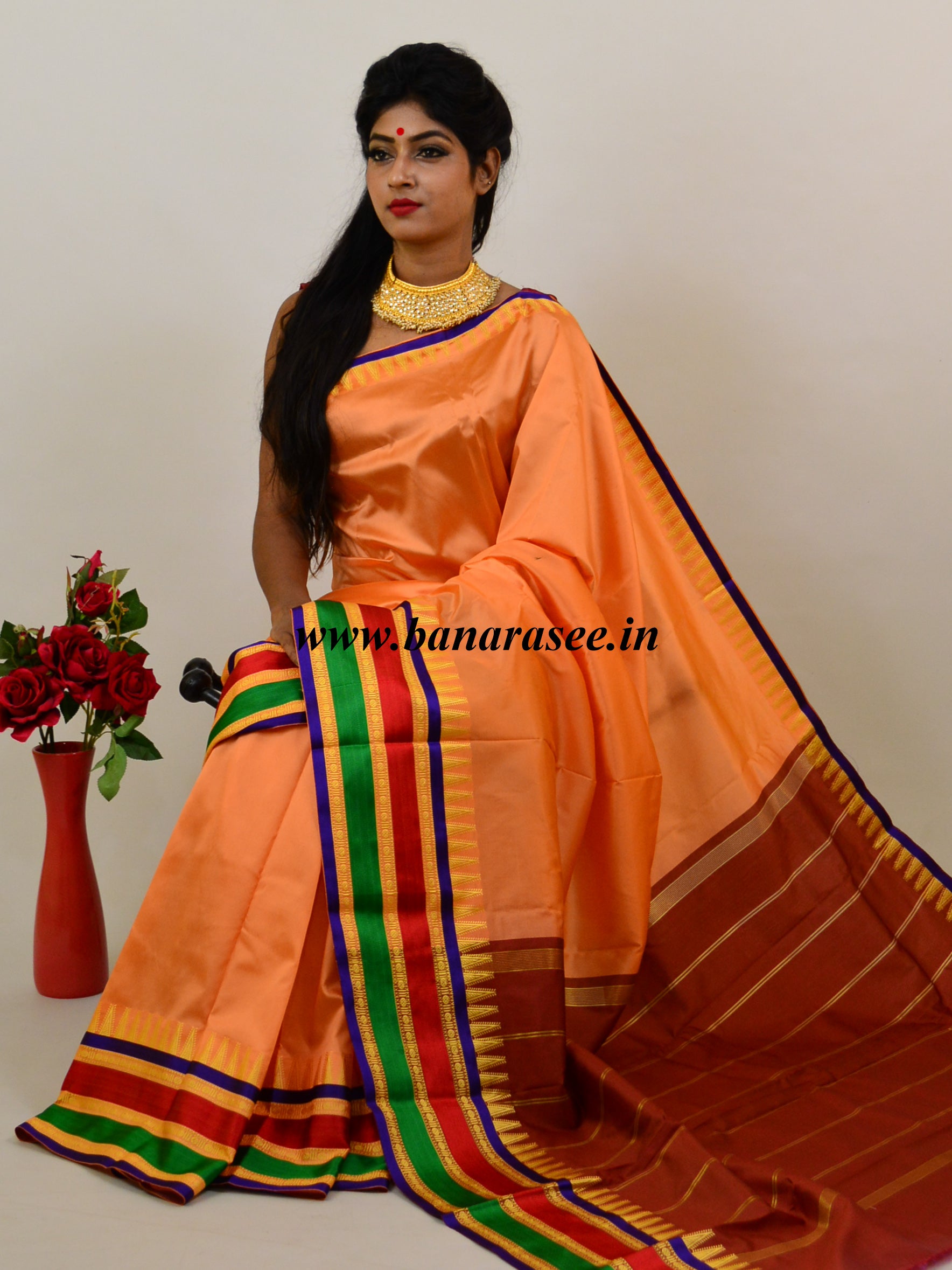 Banarasee Handwoven Art Silk Saree With Contrast Pallu-Peach