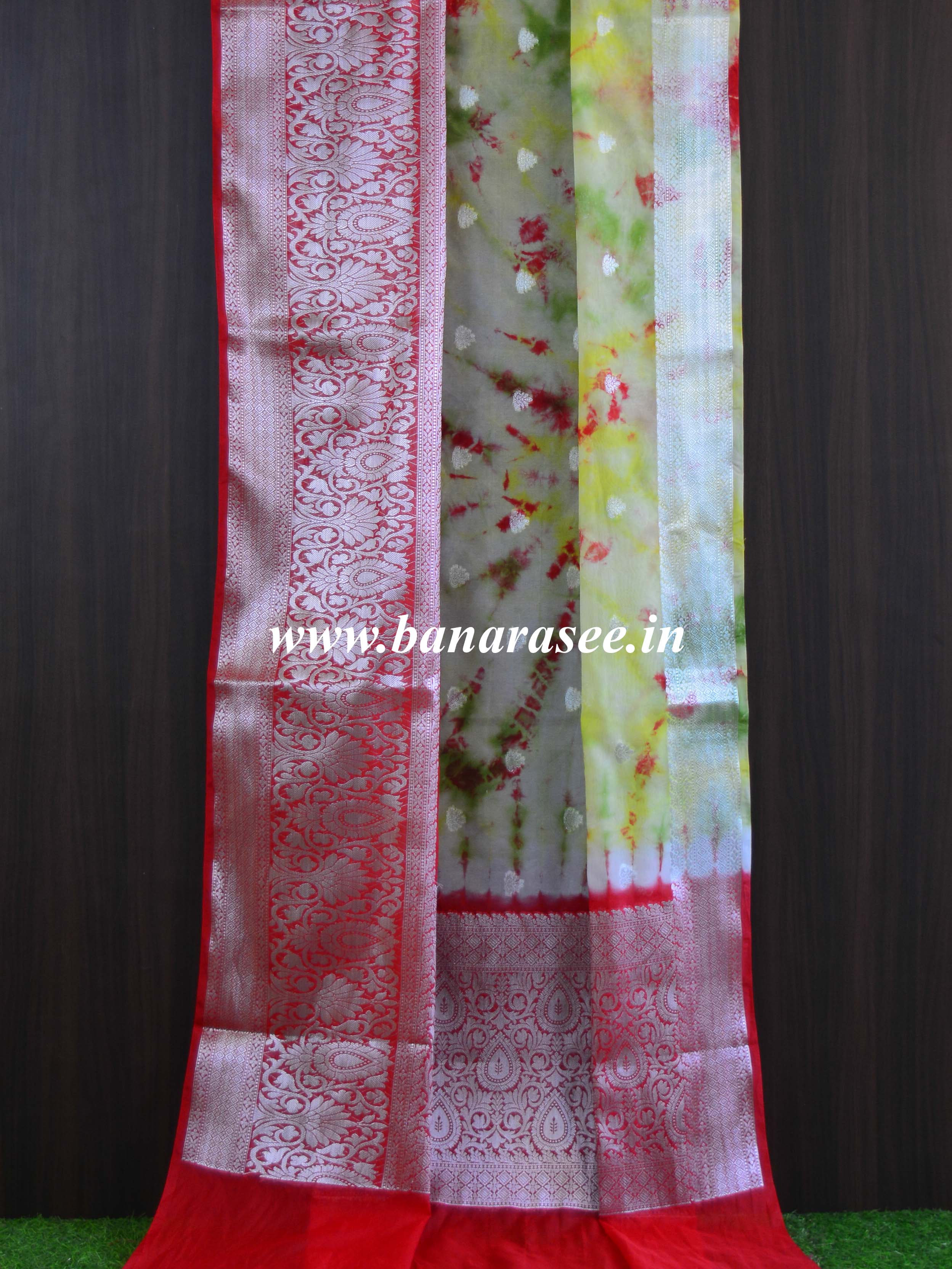 Banarasee Organza Silk Mix Saree With Shibori Dye & Silver Zari Border-Multicolor