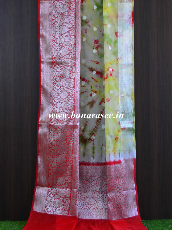 Banarasee Organza Silk Mix Saree With Shibori Dye & Silver Zari Border-Multicolor