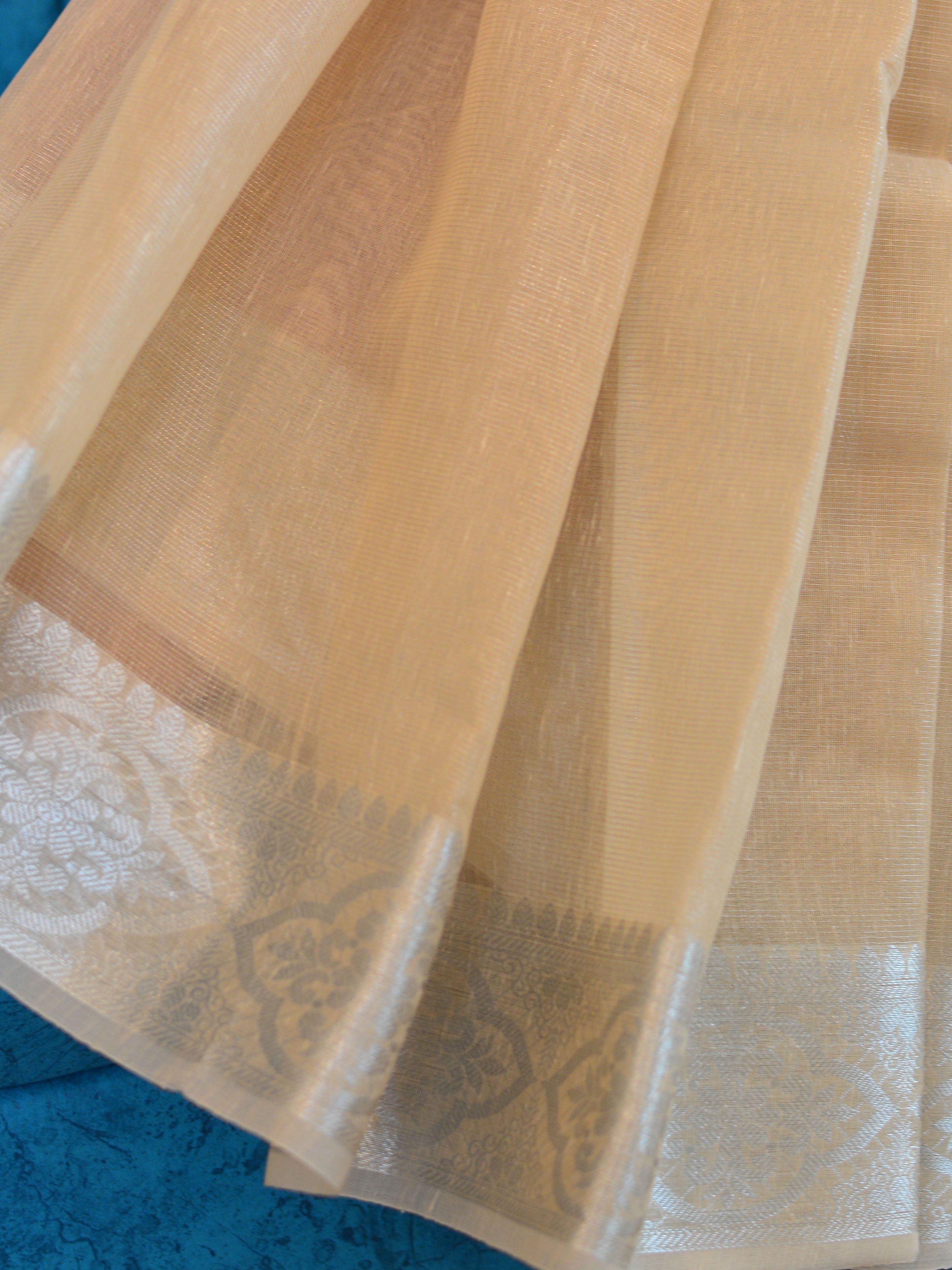 Banarasee Handloom Linen Mix Silver Zari Border Saree-Light Brown