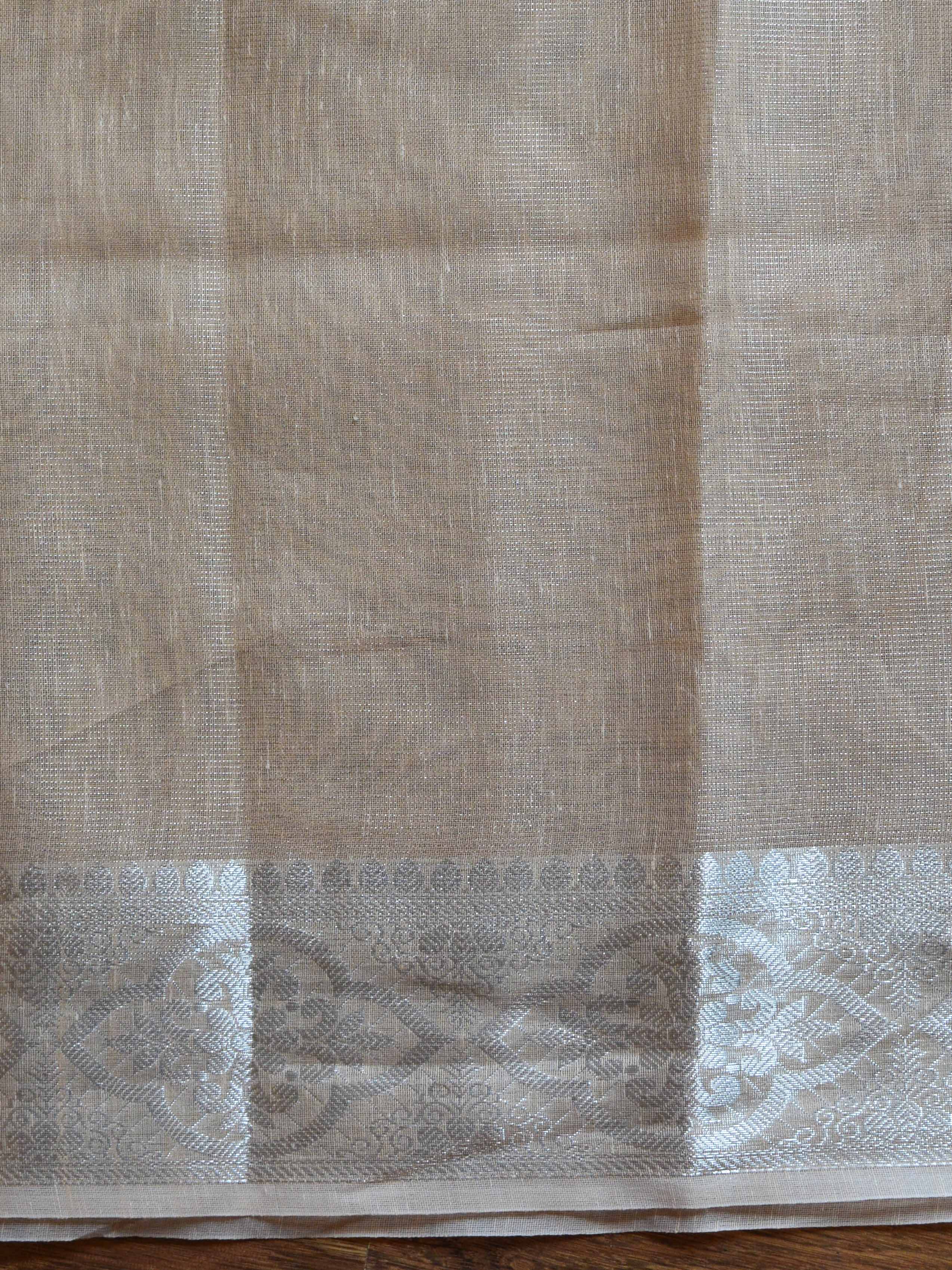 Banarasee Handloom Linen Mix Silver Zari Border Saree-Light Brown