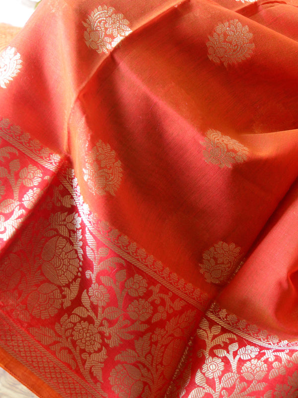 Banarasee Chanderi Cotton Zari Buta Design Salwar Kameez & Dupatta Set-Orange