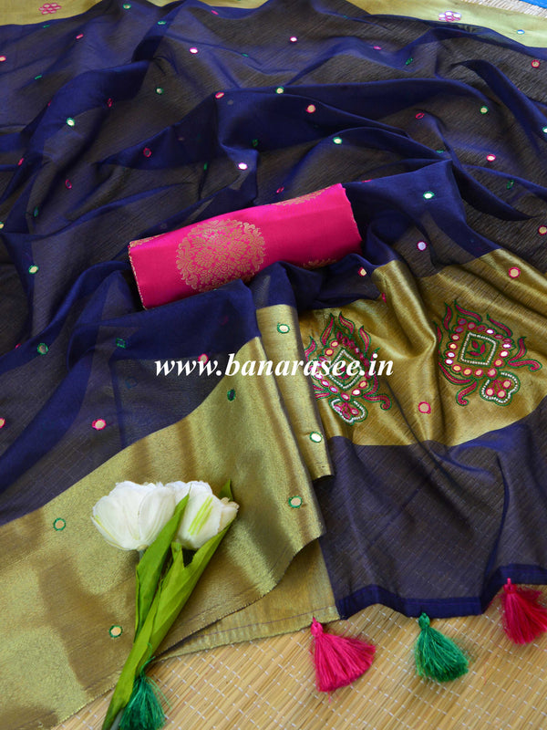 Banarasee Chanderi Cotton Saree With Embroidery Work & Zari Border-Deep Blue