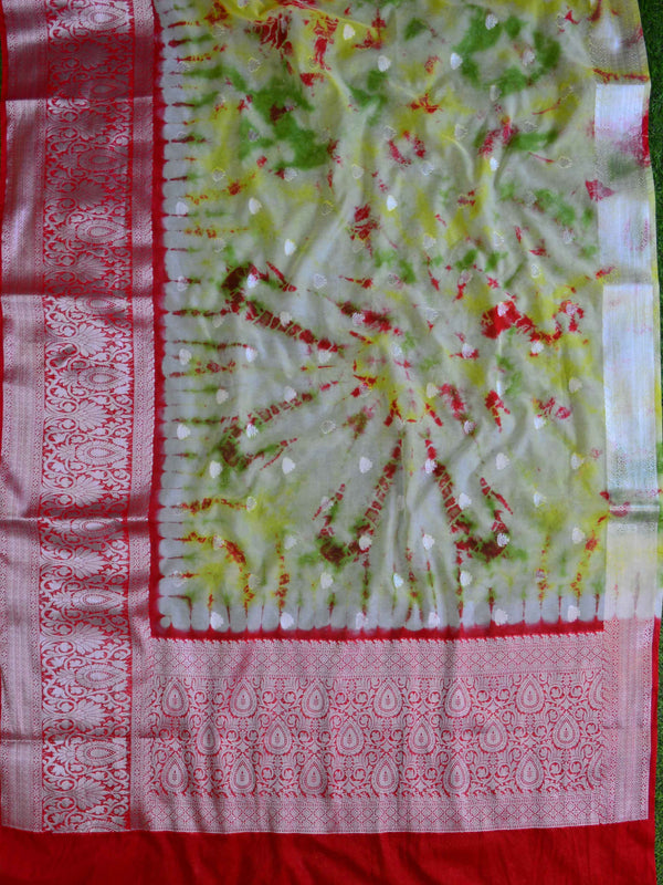 Banarasee Organza Silk Mix Saree With Shibori Dye & Silver Zari Border-Multicolor