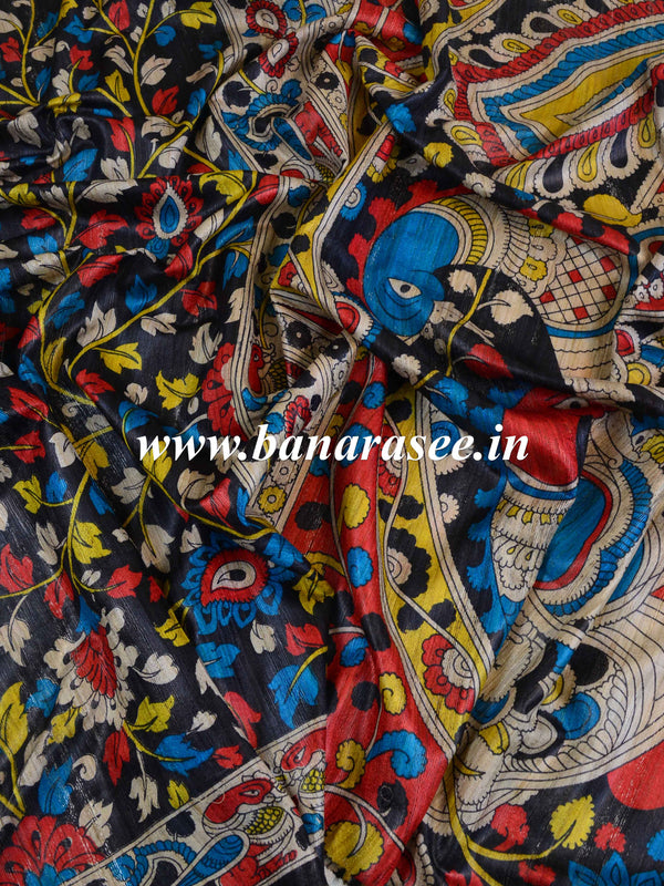 Bhagalpur Pure Handloom Tussar Silk Saree With Hand-Block Print Design-Black