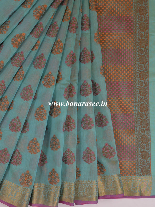 Banarasee Cotton Silk Mix Saree With Multicolor Resham Buta & Zari Border-Blue