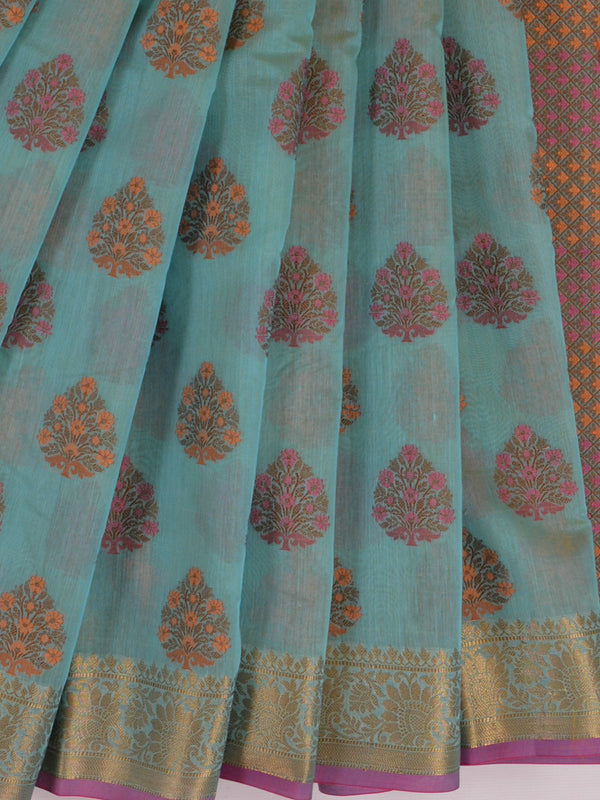 Banarasee Cotton Silk Mix Saree With Multicolor Resham Buta & Zari Border-Blue
