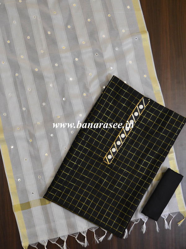 Banarasee Semi-Silk Salwar Kameez Fabric With Mirror Work Dupatta-White & Black