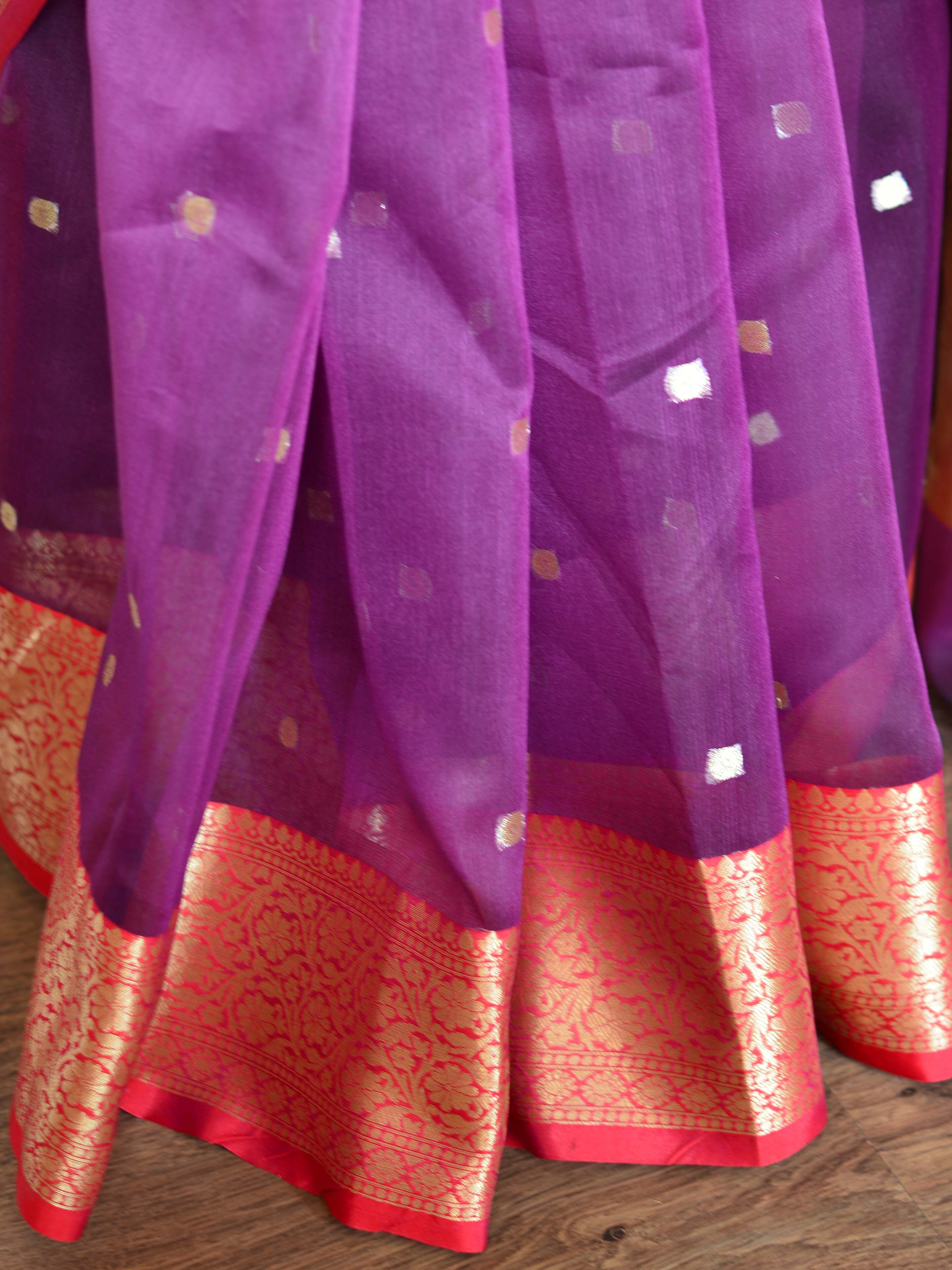 Banarasee Organza Mix Saree With Small Zari Buti & Skirt Border-Magenta